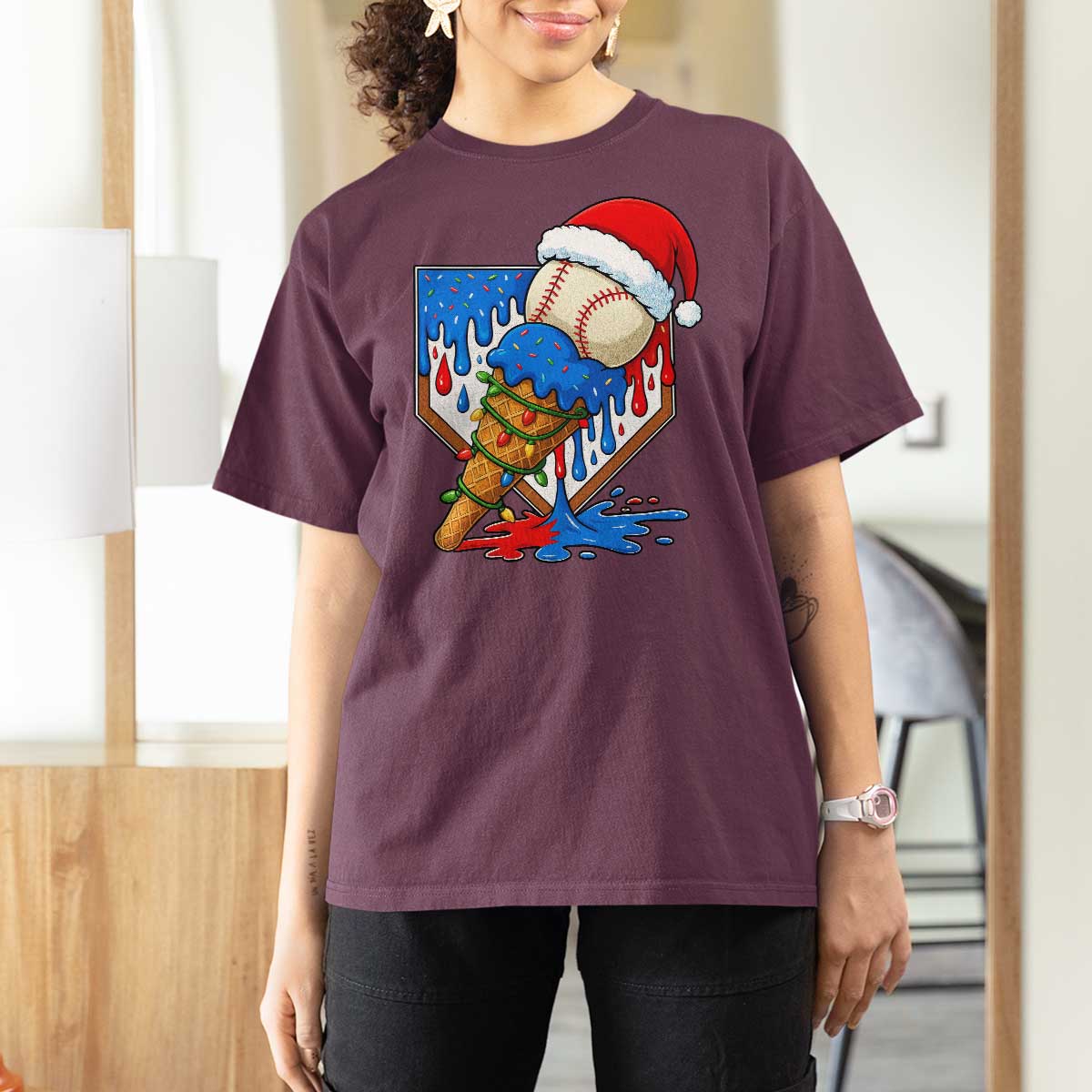 Christmas Baseball Ice Cream Drip T Shirt For Women Santa Sports Player Xmas Light Boys Baseball Bat - Wonder Print Shop