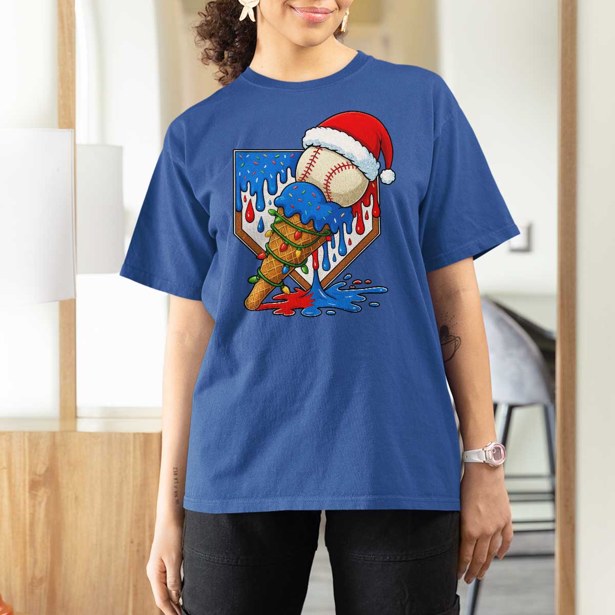 Christmas Baseball Ice Cream Drip T Shirt For Women Santa Sports Player Xmas Light Boys Baseball Bat - Wonder Print Shop