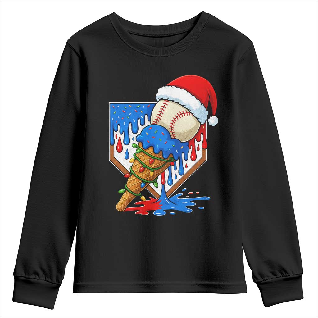 Christmas Baseball Ice Cream Drip Youth Sweatshirt Santa Sports Player Xmas Light Boys Baseball Bat - Wonder Print Shop