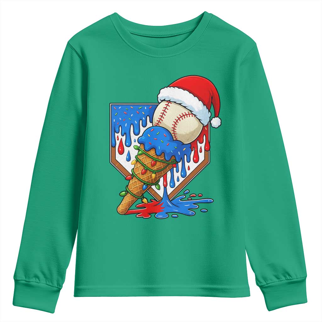 Christmas Baseball Ice Cream Drip Youth Sweatshirt Santa Sports Player Xmas Light Boys Baseball Bat - Wonder Print Shop