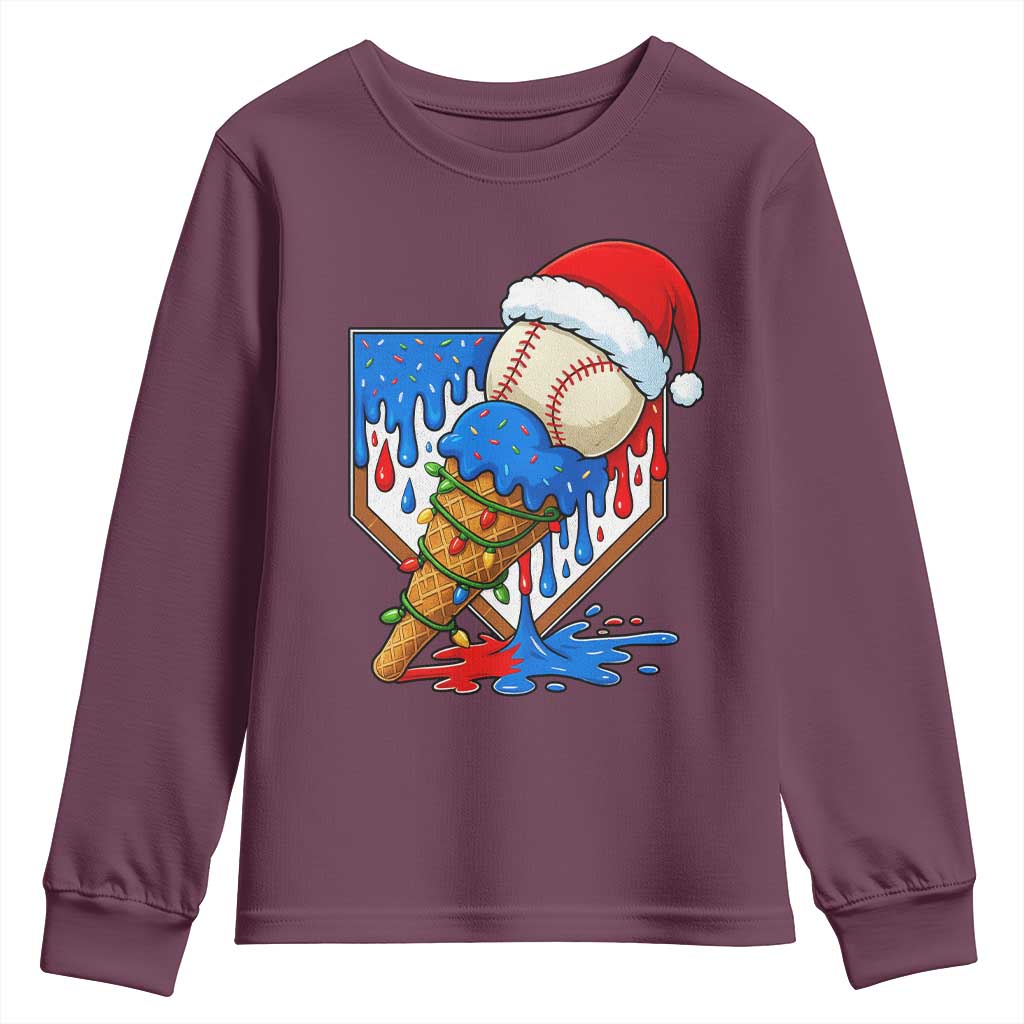 Christmas Baseball Ice Cream Drip Youth Sweatshirt Santa Sports Player Xmas Light Boys Baseball Bat - Wonder Print Shop
