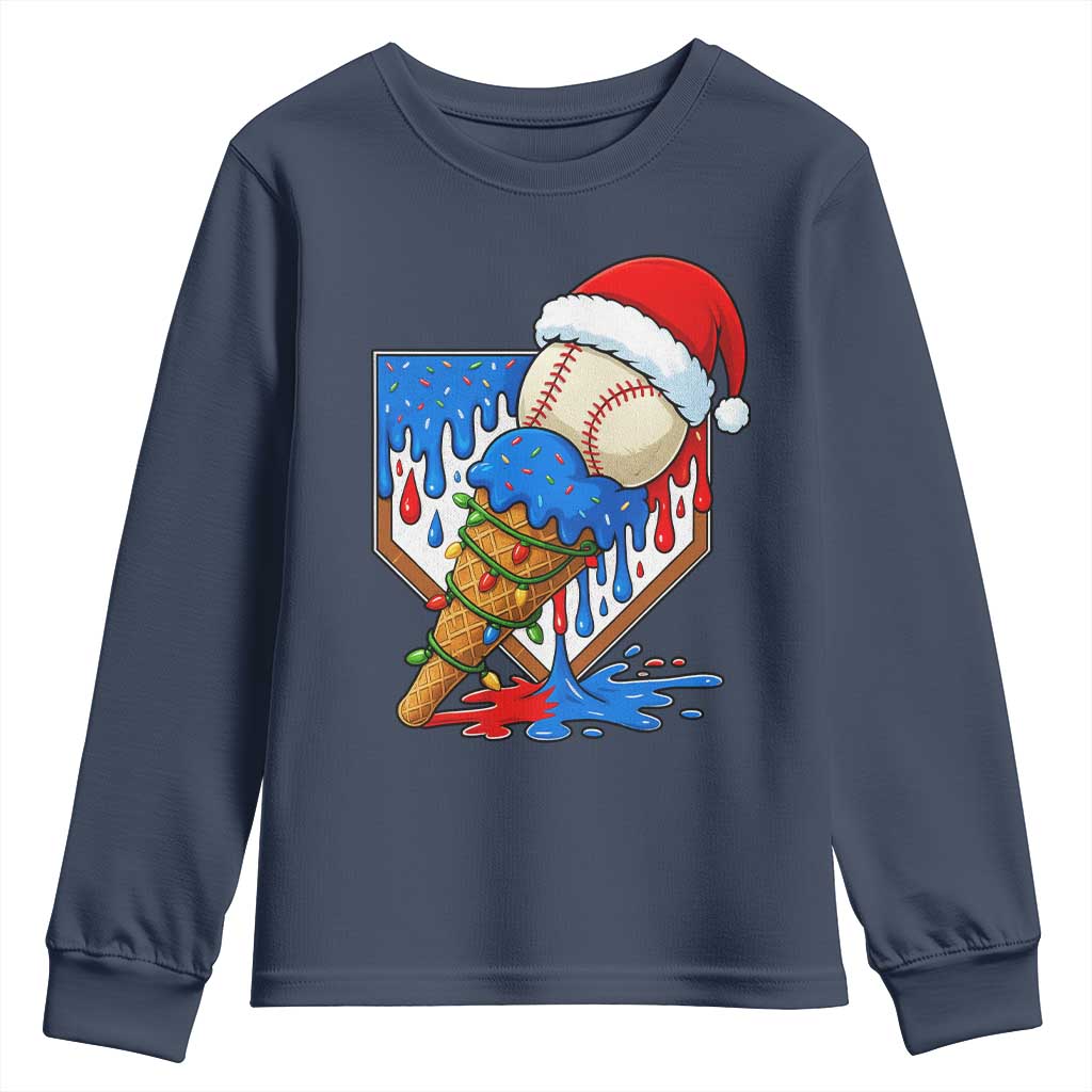 Christmas Baseball Ice Cream Drip Youth Sweatshirt Santa Sports Player Xmas Light Boys Baseball Bat - Wonder Print Shop