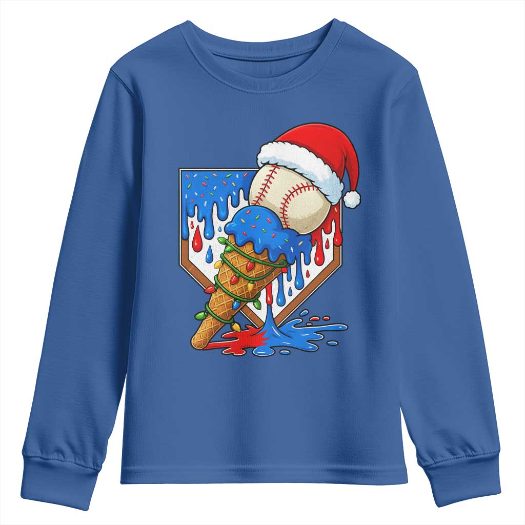 Christmas Baseball Ice Cream Drip Youth Sweatshirt Santa Sports Player Xmas Light Boys Baseball Bat - Wonder Print Shop