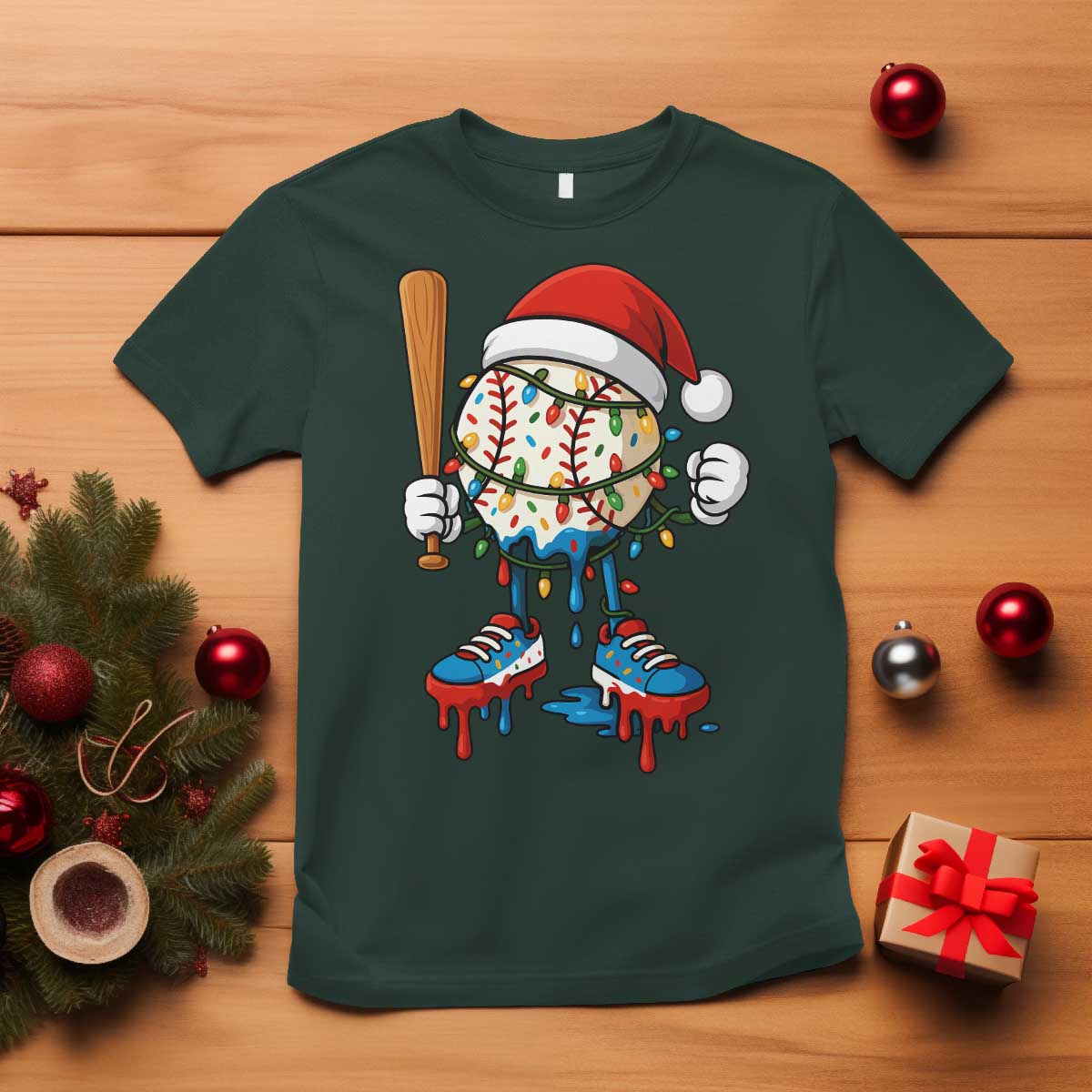 Christmas Baseball Ice Cream Drip T Shirt Santa Sports Xmas Baseball Player - Wonder Print Shop