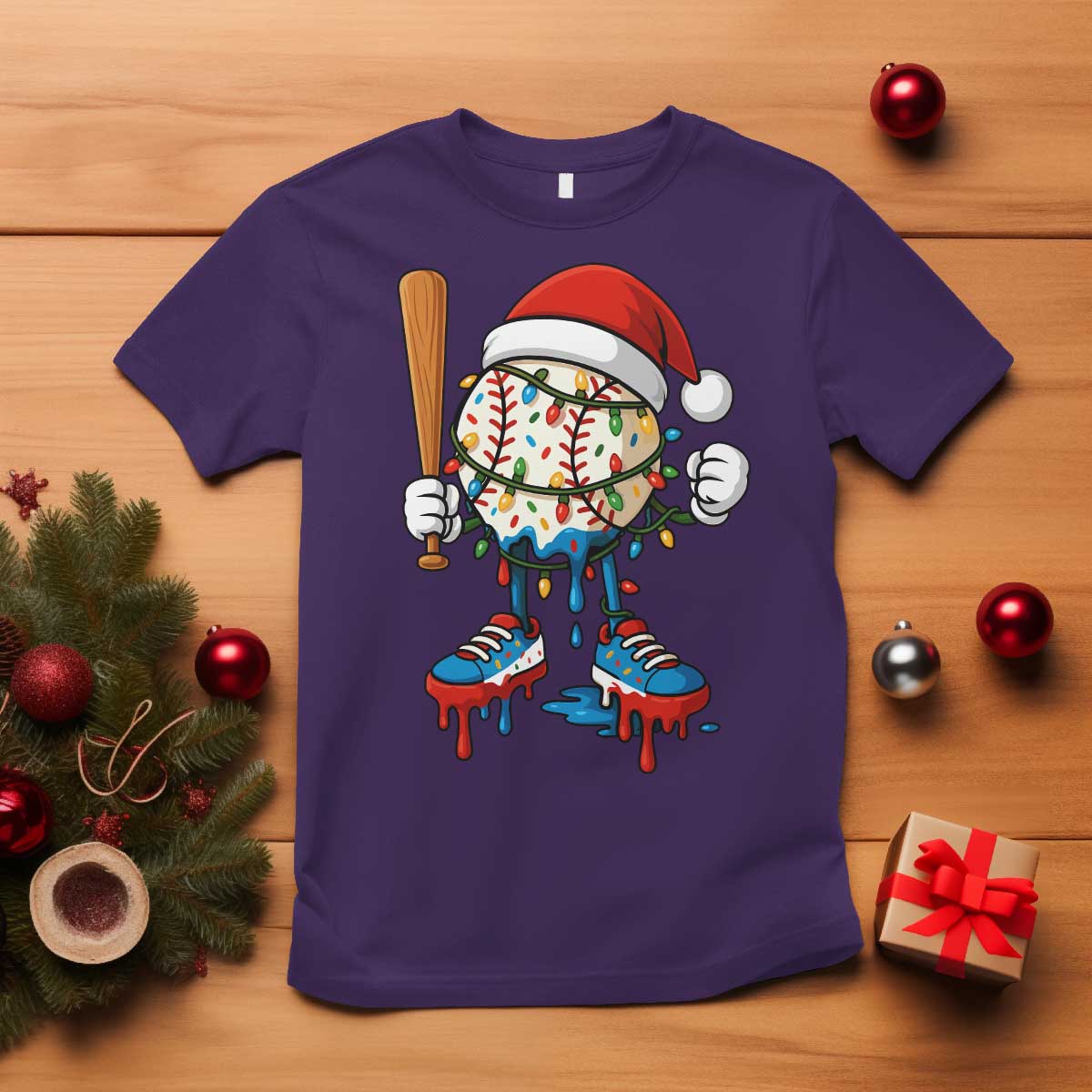 Christmas Baseball Ice Cream Drip T Shirt Santa Sports Xmas Baseball Player - Wonder Print Shop