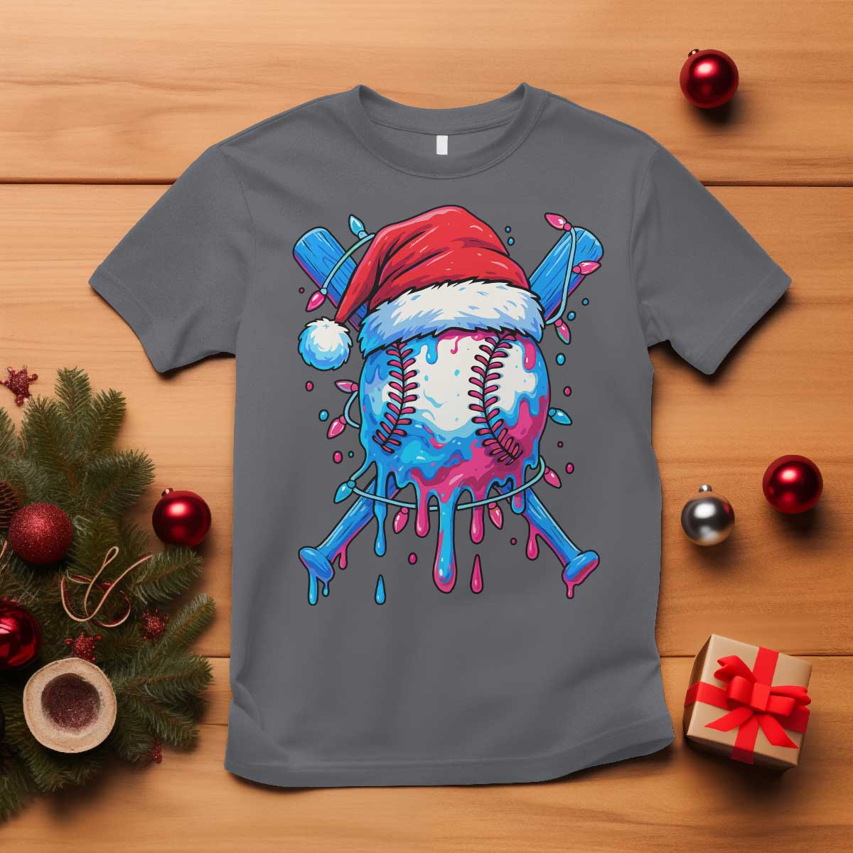 Christmas Baseball Ice Cream Drip T Shirt Santa Sports Xmas Light Boys Sprinkles Baseball Bat - Wonder Print Shop