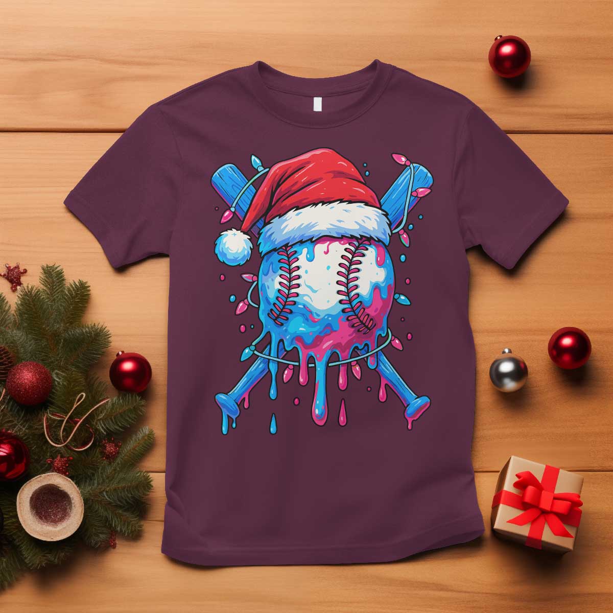 Christmas Baseball Ice Cream Drip T Shirt Santa Sports Xmas Light Boys Sprinkles Baseball Bat - Wonder Print Shop