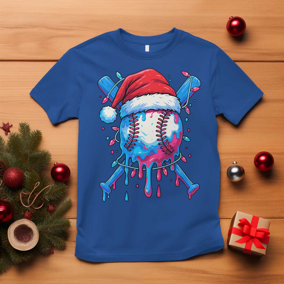 Christmas Baseball Ice Cream Drip T Shirt Santa Sports Xmas Light Boys Sprinkles Baseball Bat - Wonder Print Shop