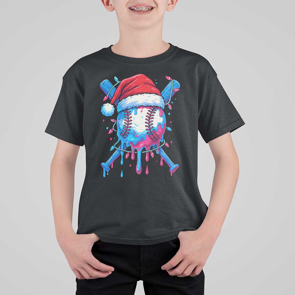 Christmas Baseball Ice Cream Drip T Shirt For Kid Santa Sports Xmas Light Boys Sprinkles Baseball Bat - Wonder Print Shop