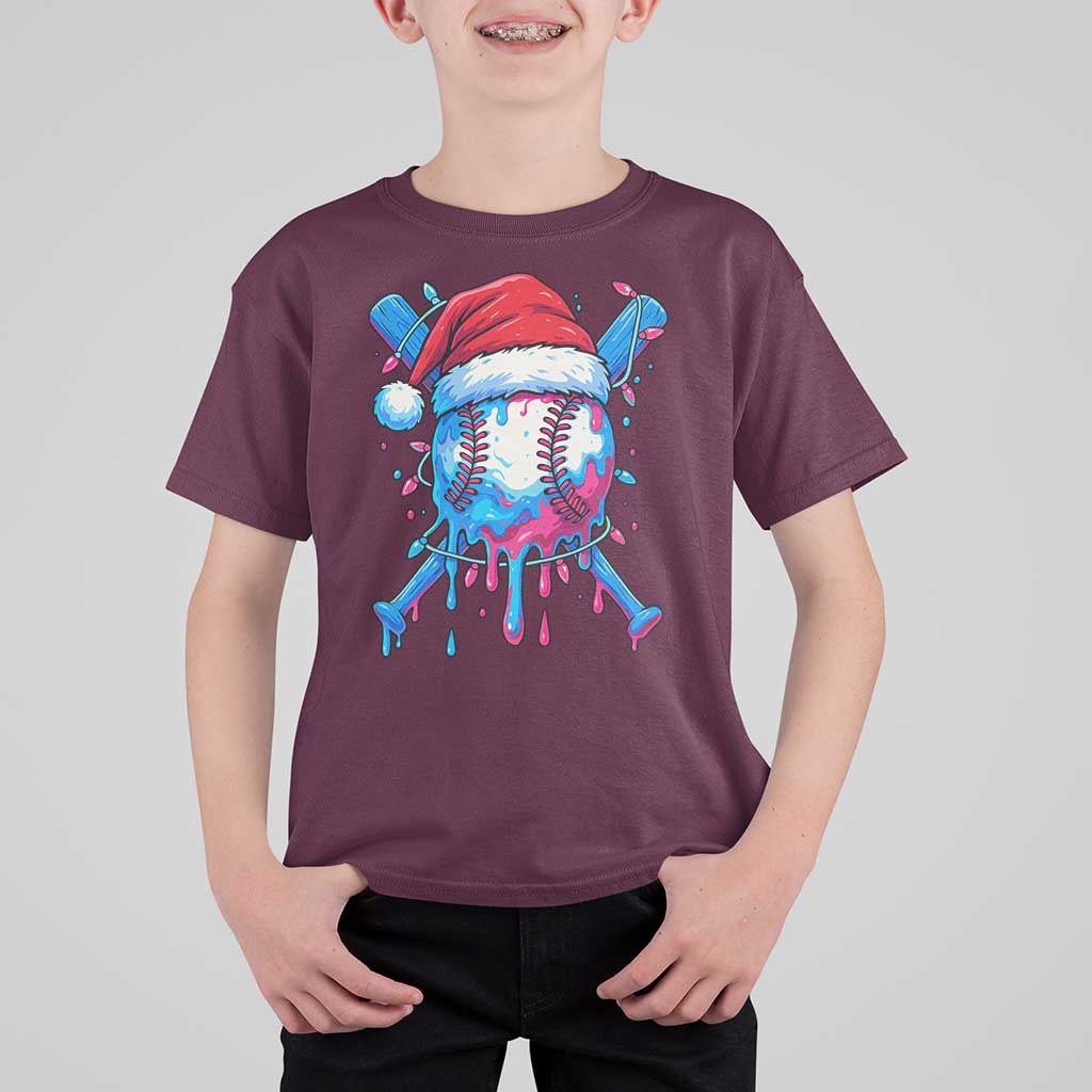 Christmas Baseball Ice Cream Drip T Shirt For Kid Santa Sports Xmas Light Boys Sprinkles Baseball Bat - Wonder Print Shop