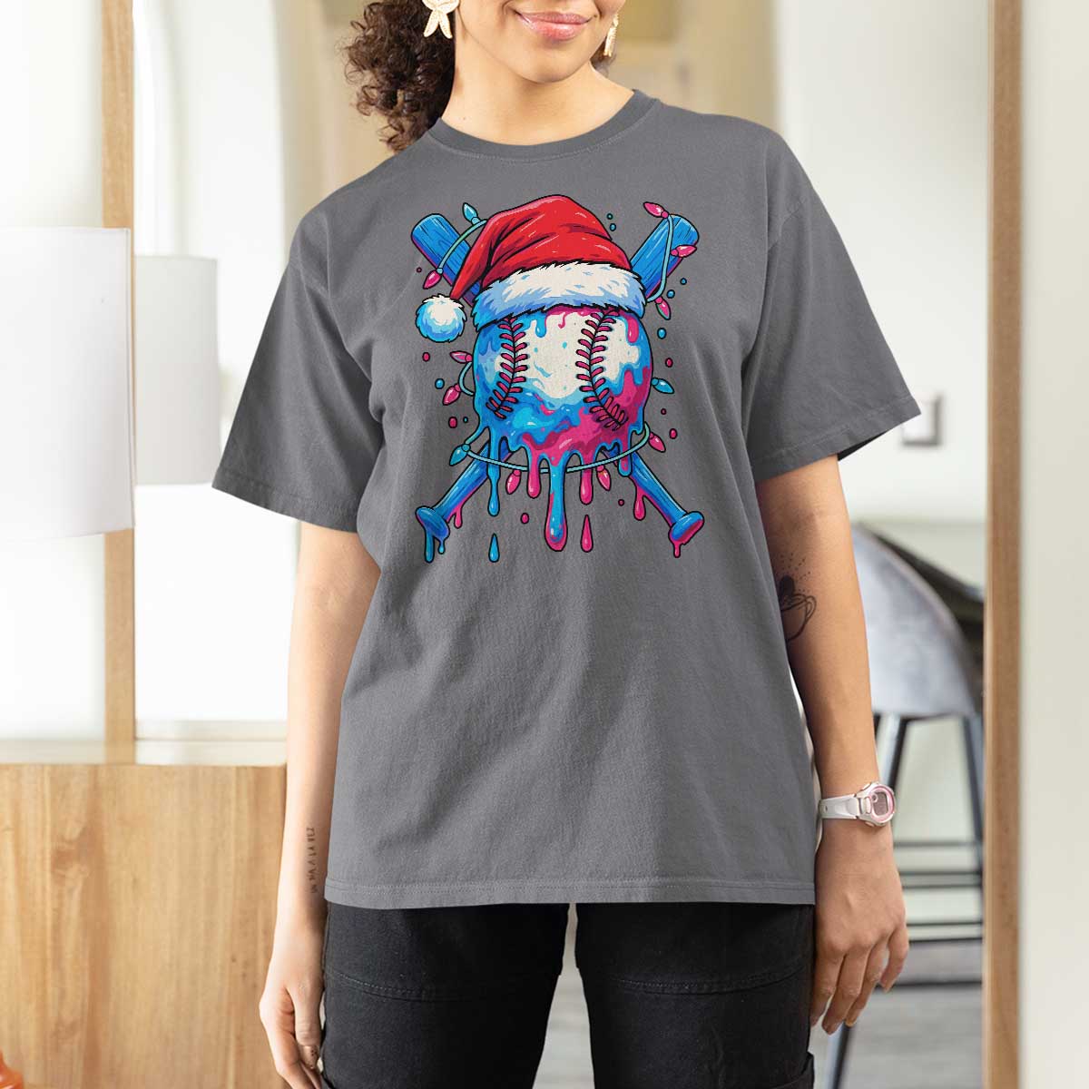Christmas Baseball Ice Cream Drip T Shirt For Women Santa Sports Xmas Light Boys Sprinkles Baseball Bat - Wonder Print Shop