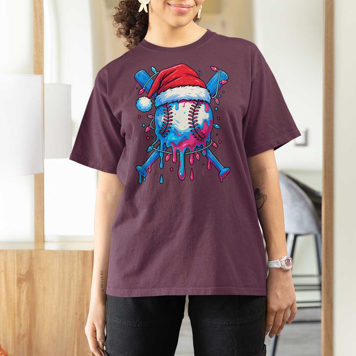 Christmas Baseball Ice Cream Drip T Shirt For Women Santa Sports Xmas Light Boys Sprinkles Baseball Bat - Wonder Print Shop