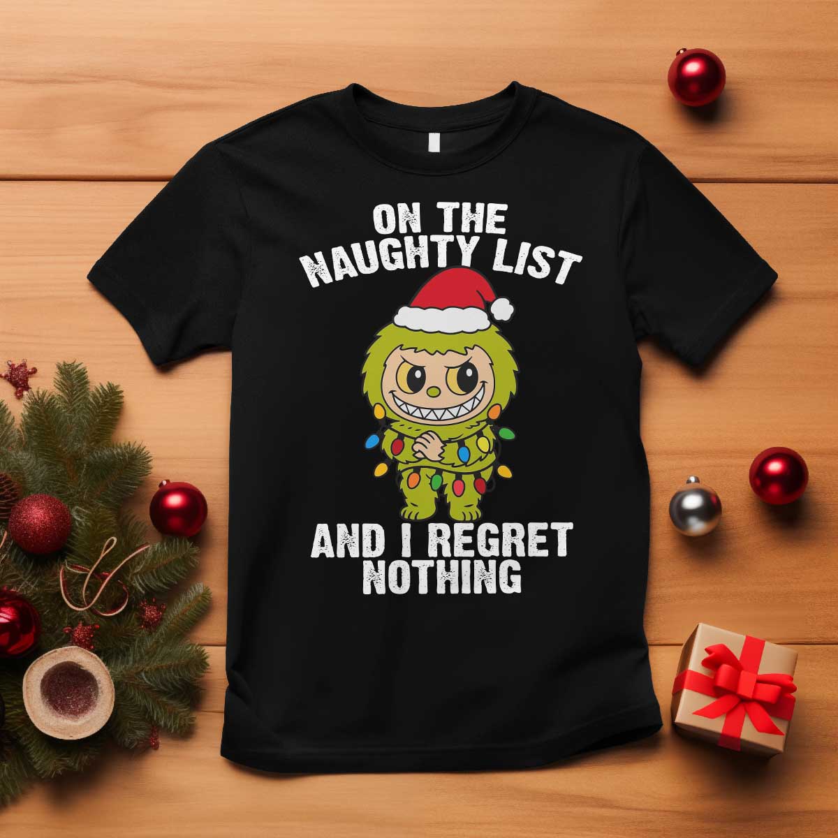 Funny Christmas T Shirt On the Naughty List I Regret Nothing Kawaii Bubu - Wonder Print Shop