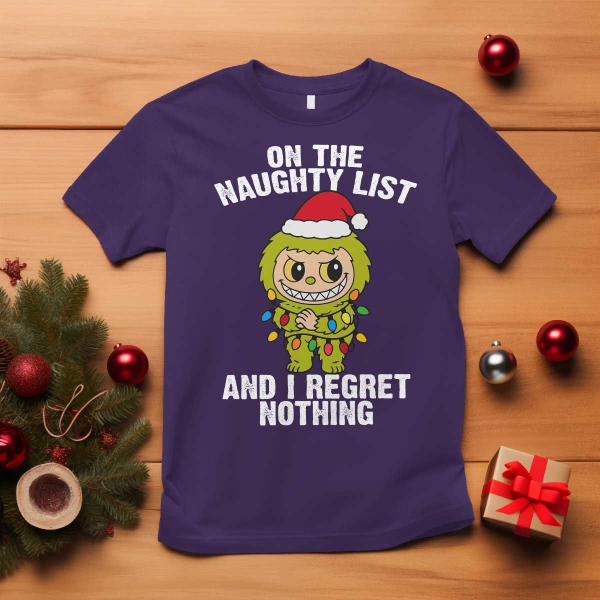 Funny Christmas T Shirt On the Naughty List I Regret Nothing Kawaii Bubu - Wonder Print Shop