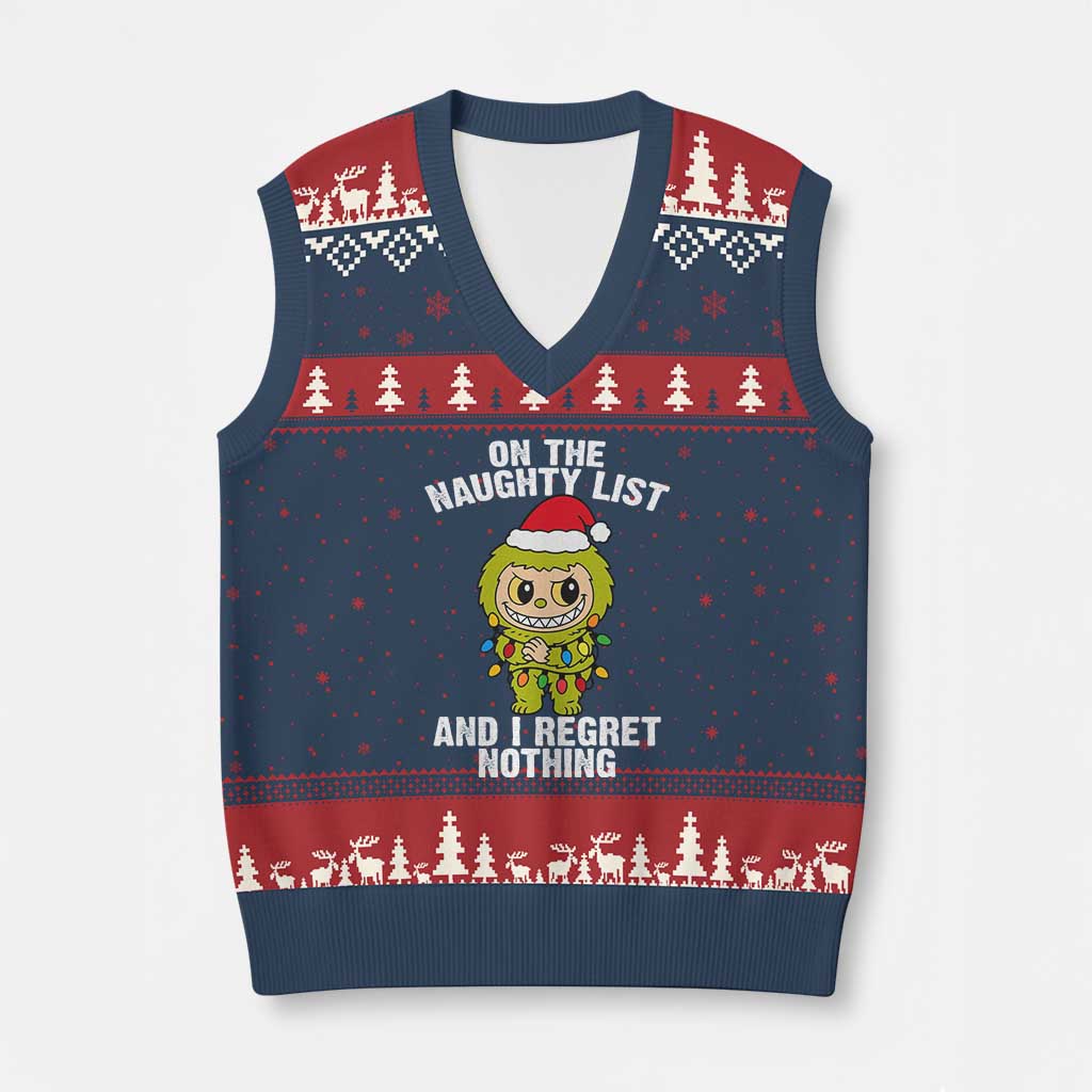 Funny Xmas V-Neck Knit Sweater Vest On the Naughty List I Regret Nothing Kawaii Bubu - Wonder Print Shop