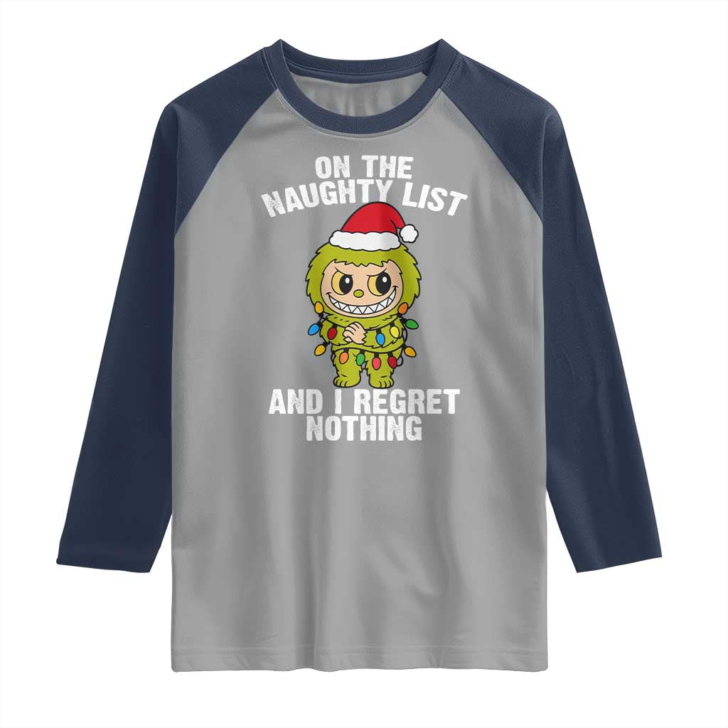 Funny Christmas Raglan Shirt On the Naughty List I Regret Nothing Kawaii Bubu - Wonder Print Shop