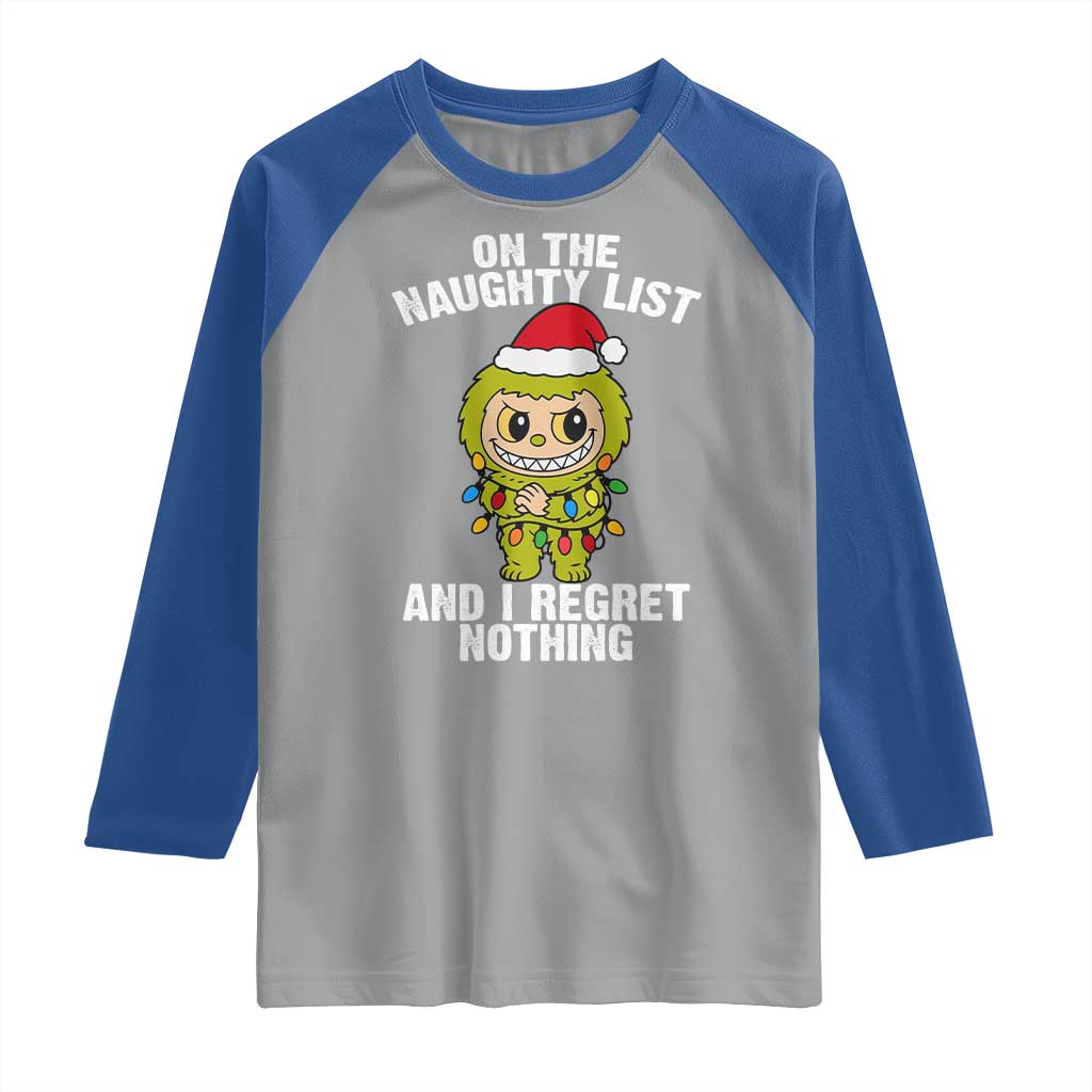 Funny Christmas Raglan Shirt On the Naughty List I Regret Nothing Kawaii Bubu - Wonder Print Shop