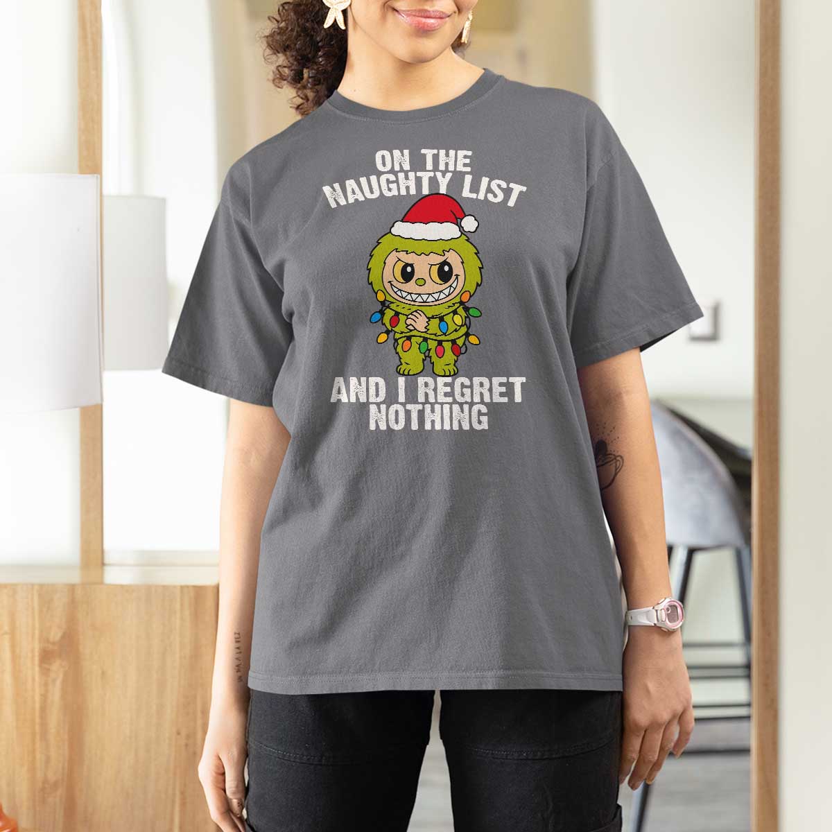 Funny Christmas T Shirt For Women On the Naughty List I Regret Nothing Kawaii Bubu - Wonder Print Shop