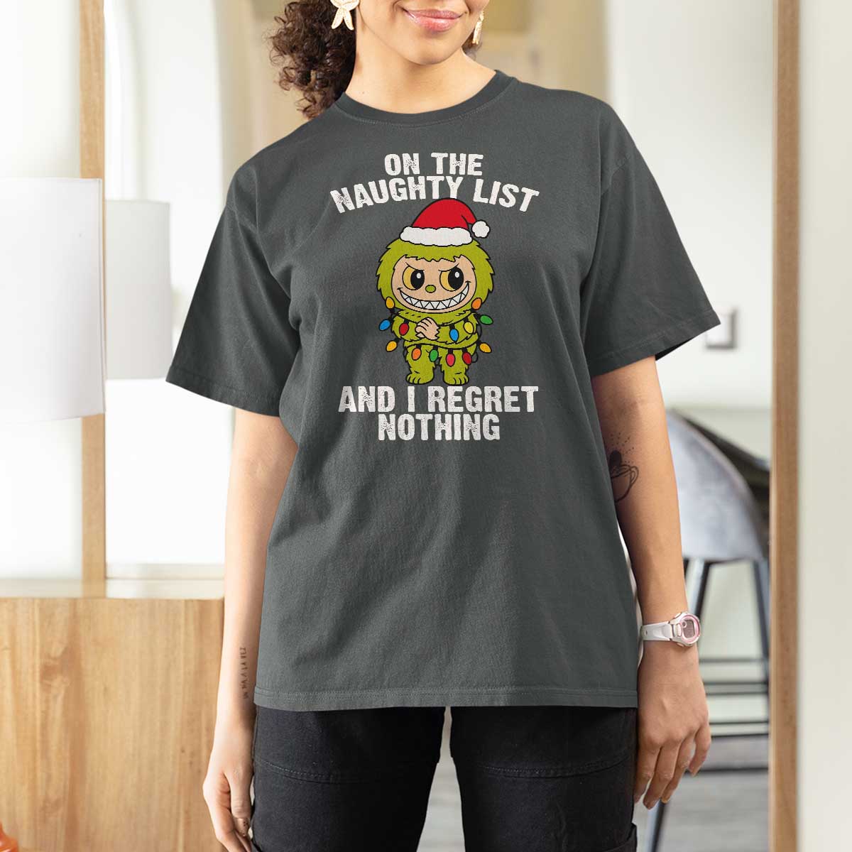 Funny Christmas T Shirt For Women On the Naughty List I Regret Nothing Kawaii Bubu - Wonder Print Shop