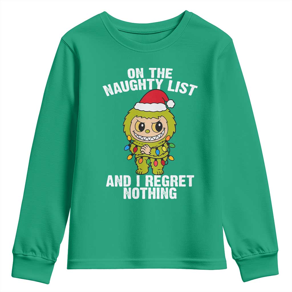 Funny Christmas Youth Sweatshirt On the Naughty List I Regret Nothing Kawaii Bubu - Wonder Print Shop