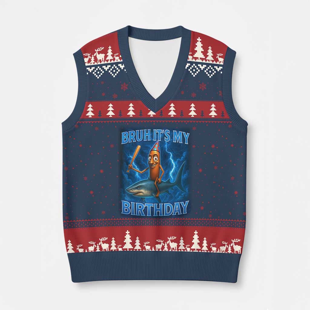 Bruh Its My Birthday V-Neck Knit Sweater Vest Italian Brainrot Meme Birthday Kids Family Party Bday - Wonder Print Shop