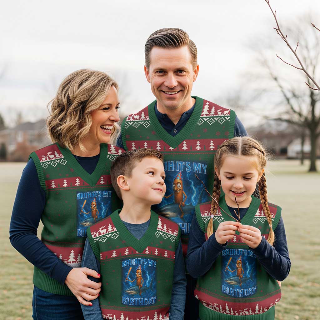 Bruh Its My Birthday V-Neck Knit Sweater Vest Italian Brainrot Meme Birthday Kids Family Party Bday - Wonder Print Shop