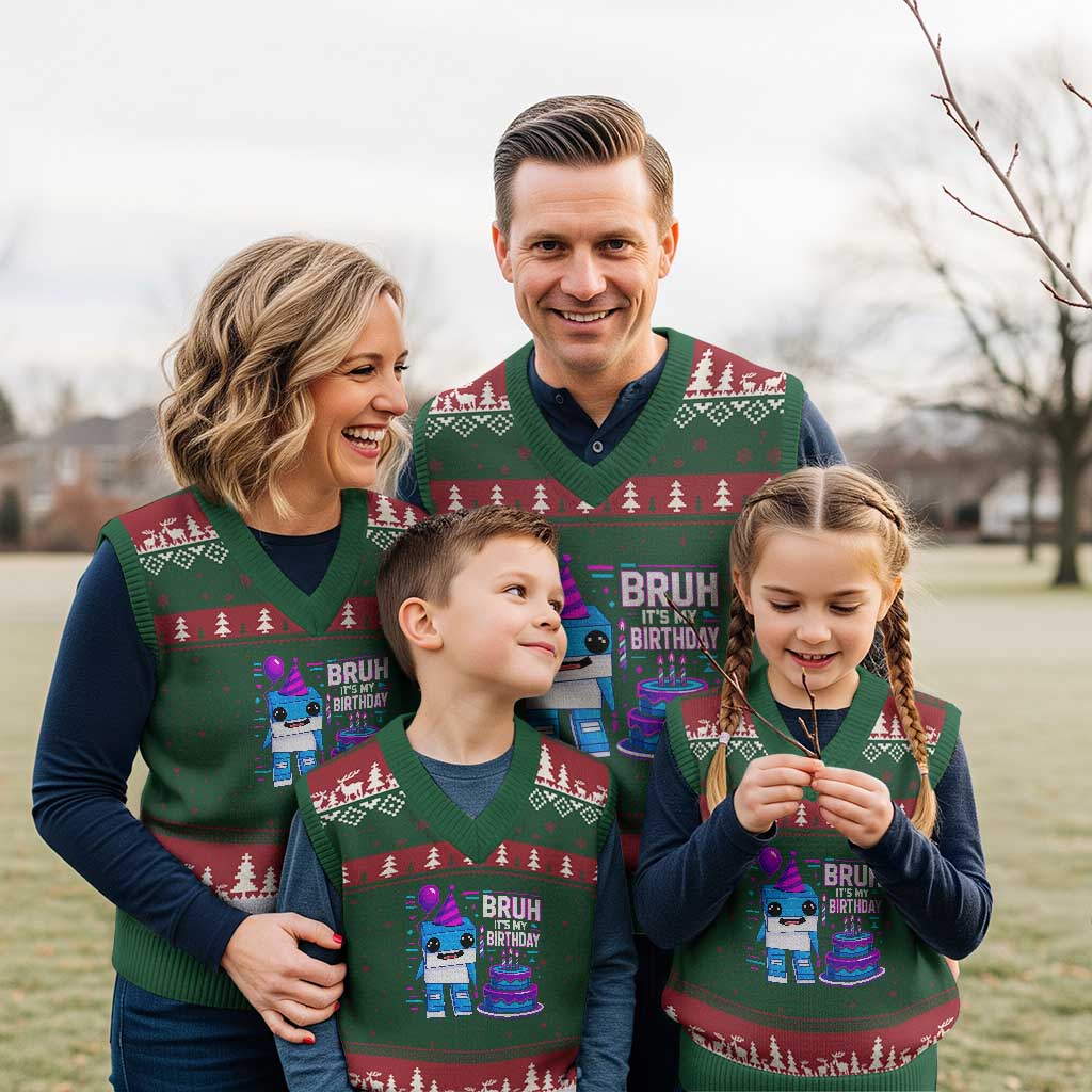 Bruh Its My Birthday V-Neck Knit Sweater Vest Italian Brainrot Meme Family Party Bday Los Tralaleritos - Wonder Print Shop