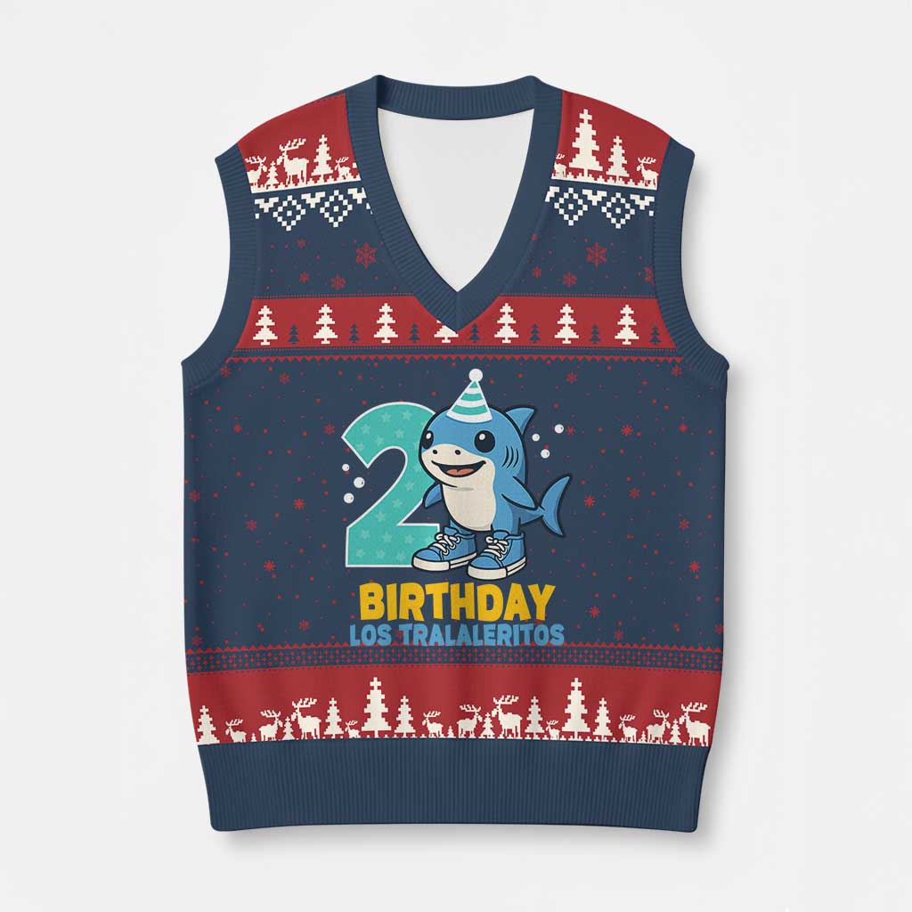 2 Years Old Birthday Brainrot V-Neck Knit Sweater Vest Funny Tralalero Tralala Los Tralaleritos Meme Shark