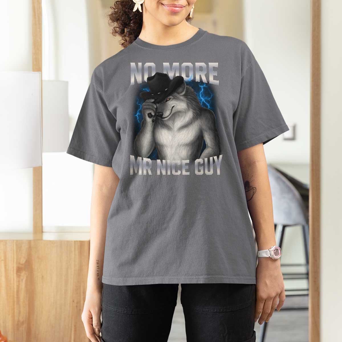 Funny Alpha Wolf T Shirt For Women No More Mr Nice Guy Unhinged Brainrot Meme Vintage Bootleg - Wonder Print Shop