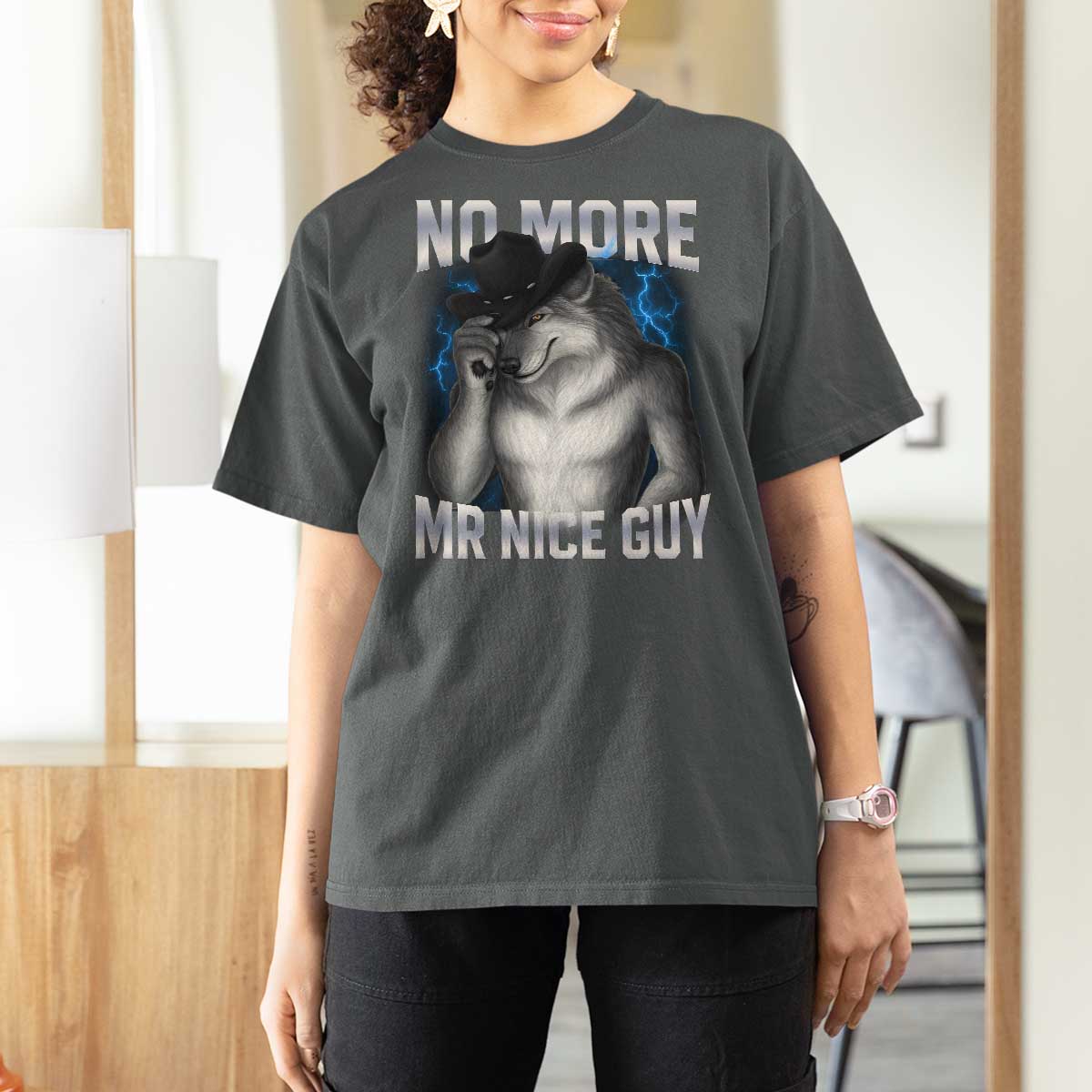 Funny Alpha Wolf T Shirt For Women No More Mr Nice Guy Unhinged Brainrot Meme Vintage Bootleg - Wonder Print Shop