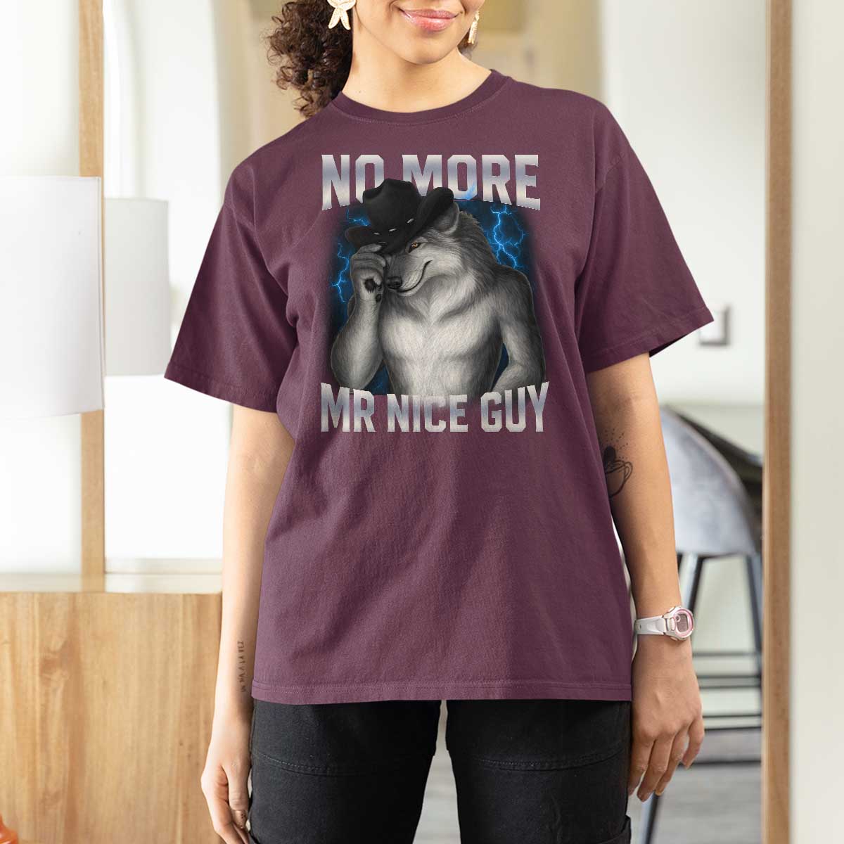 Funny Alpha Wolf T Shirt For Women No More Mr Nice Guy Unhinged Brainrot Meme Vintage Bootleg - Wonder Print Shop