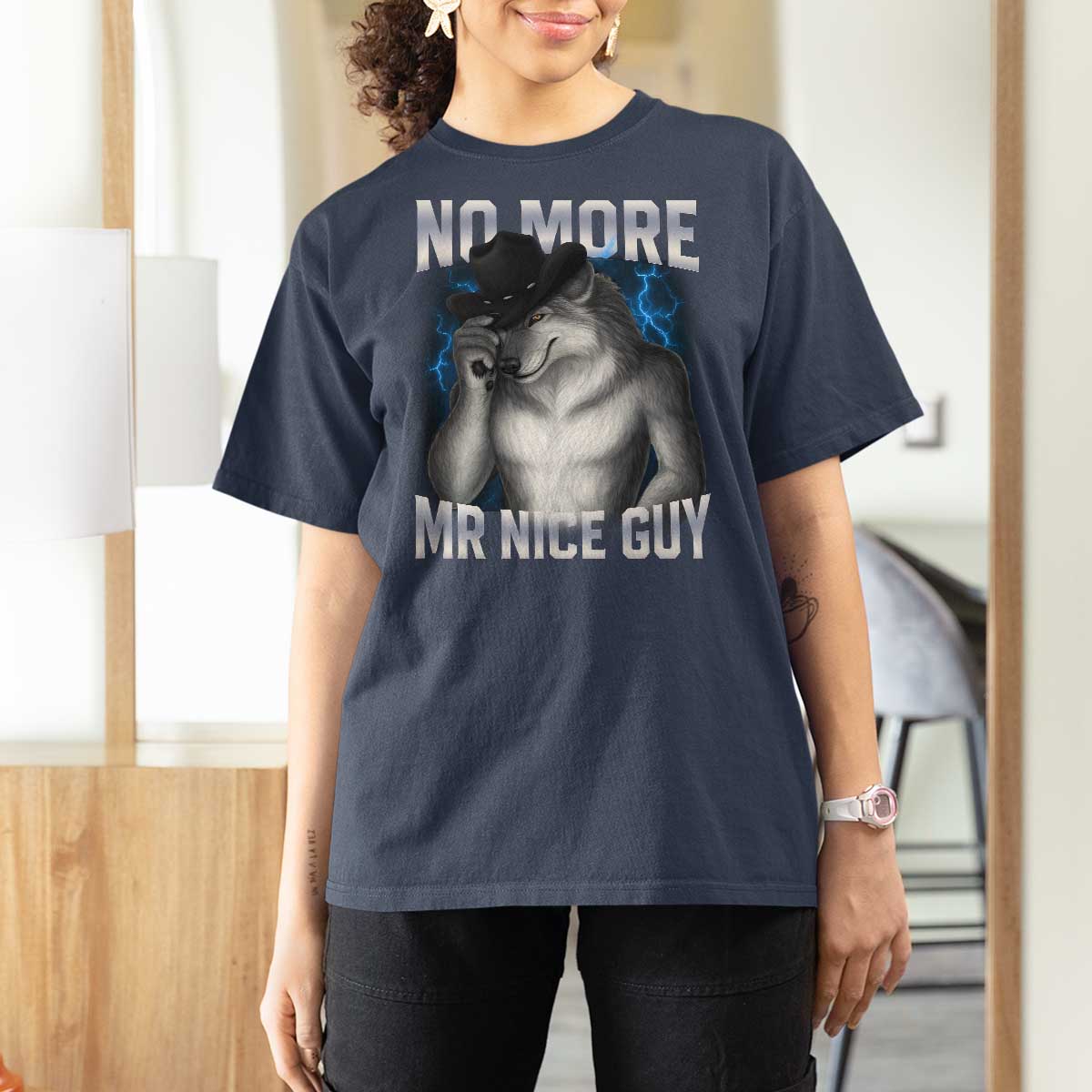 Funny Alpha Wolf T Shirt For Women No More Mr Nice Guy Unhinged Brainrot Meme Vintage Bootleg - Wonder Print Shop
