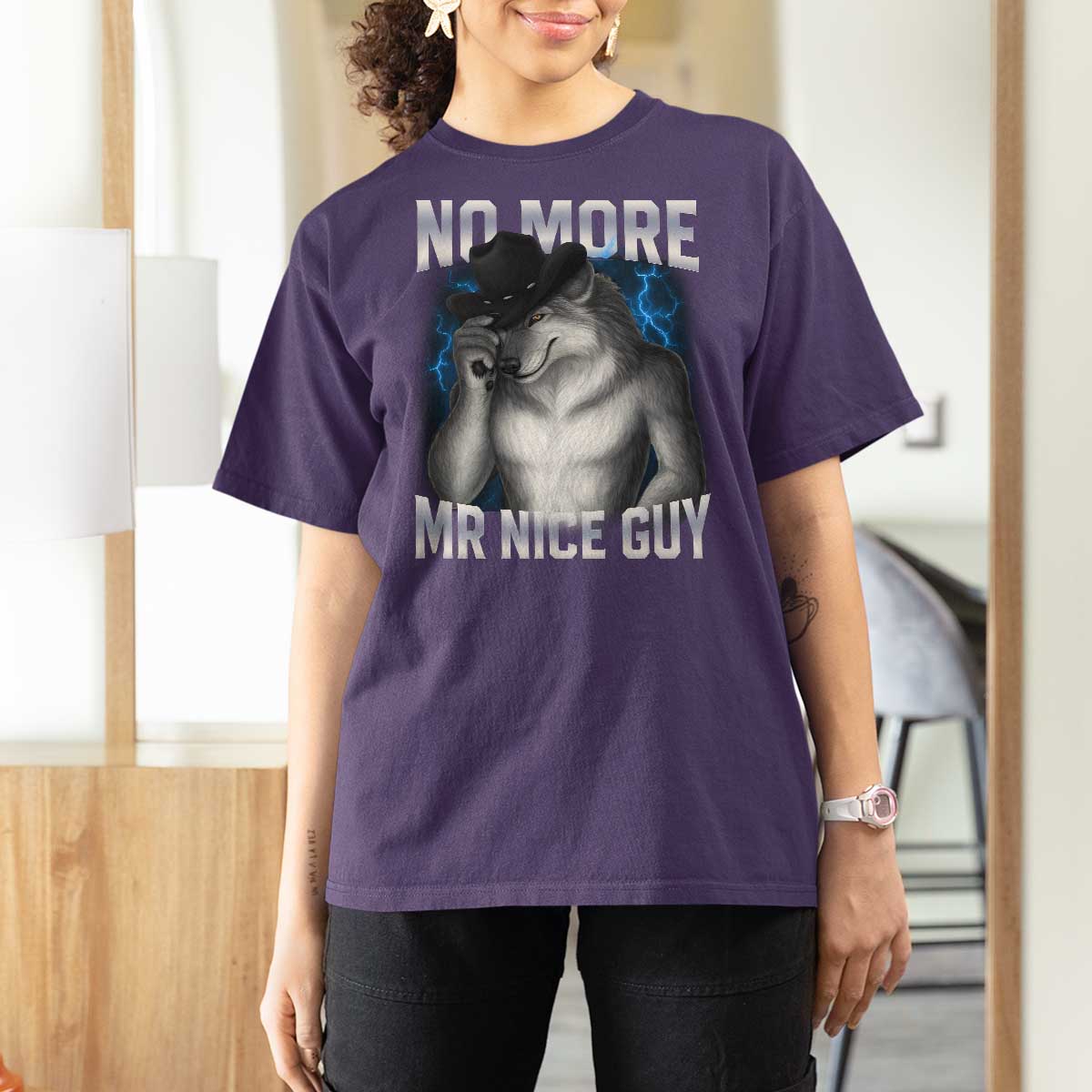 Funny Alpha Wolf T Shirt For Women No More Mr Nice Guy Unhinged Brainrot Meme Vintage Bootleg - Wonder Print Shop