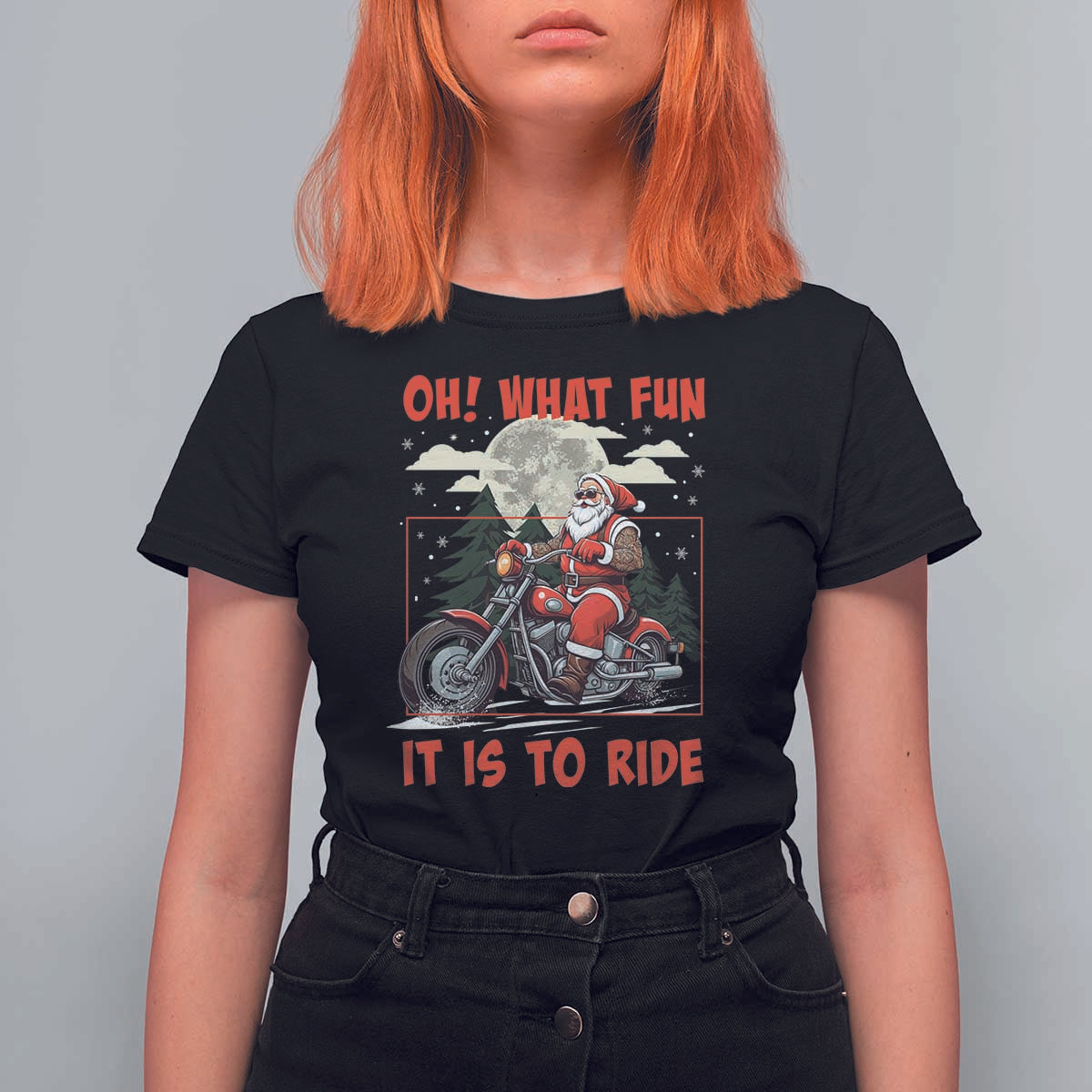 Motorcycle Biker Santa Christmas T Shirt For Women Oh What Fun It is To Ride - Wonder Print Shop