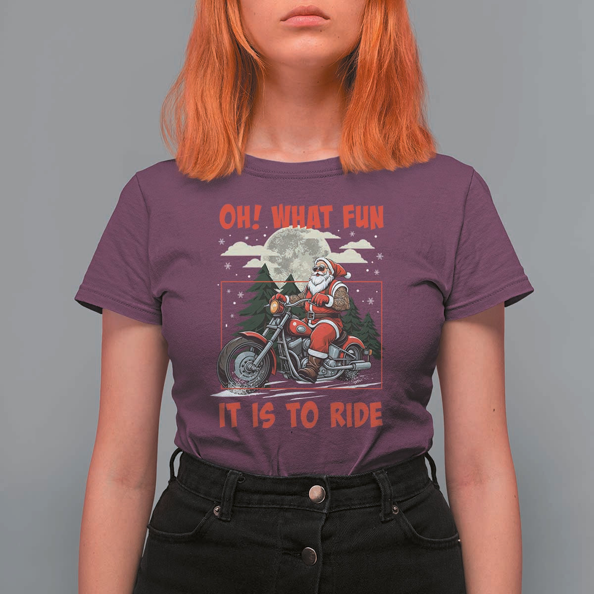 Motorcycle Biker Santa Christmas T Shirt For Women Oh What Fun It is To Ride - Wonder Print Shop