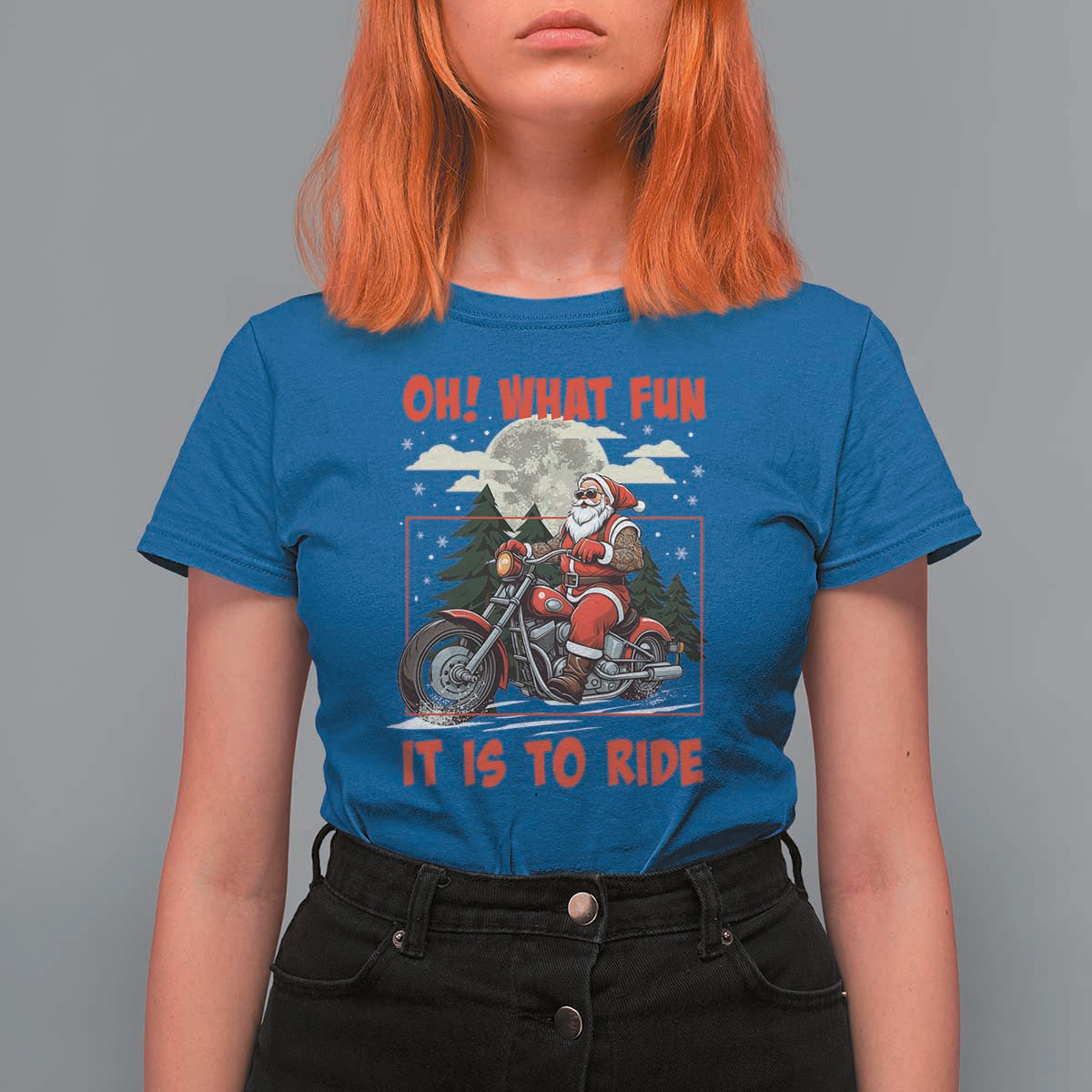 Motorcycle Biker Santa Christmas T Shirt For Women Oh What Fun It is To Ride - Wonder Print Shop