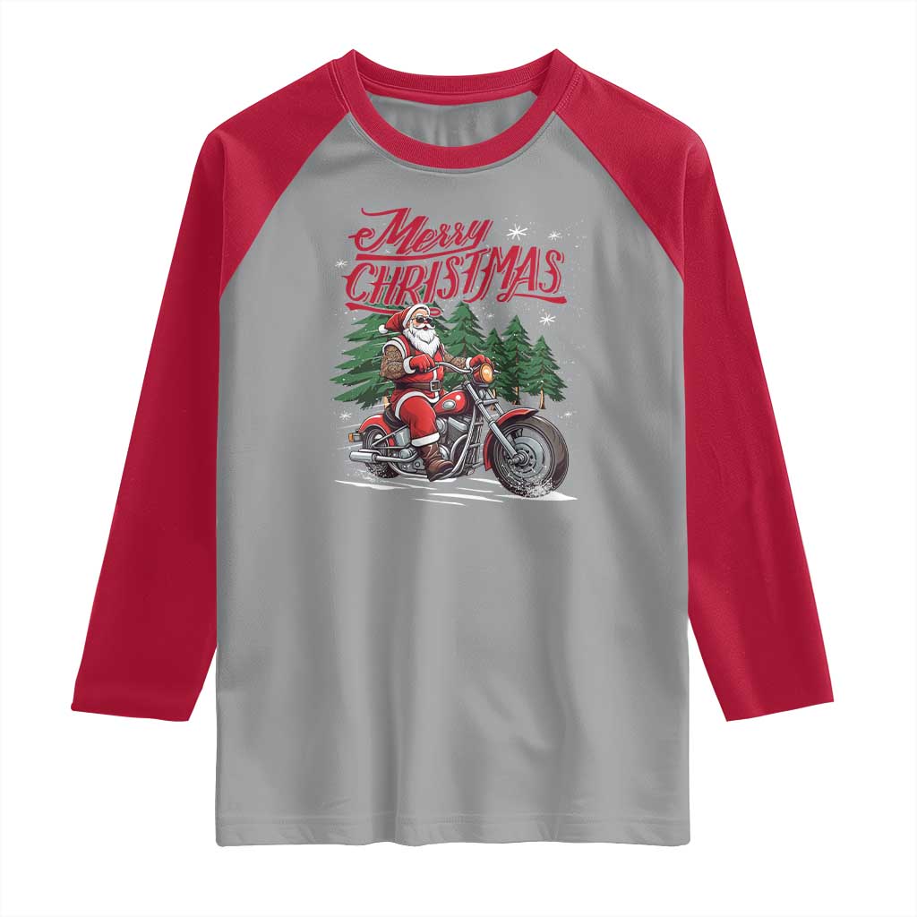 Christmas Motorcycle Santa Raglan Shirt Funny Motorbike Rider Grandpa Merry Xmas