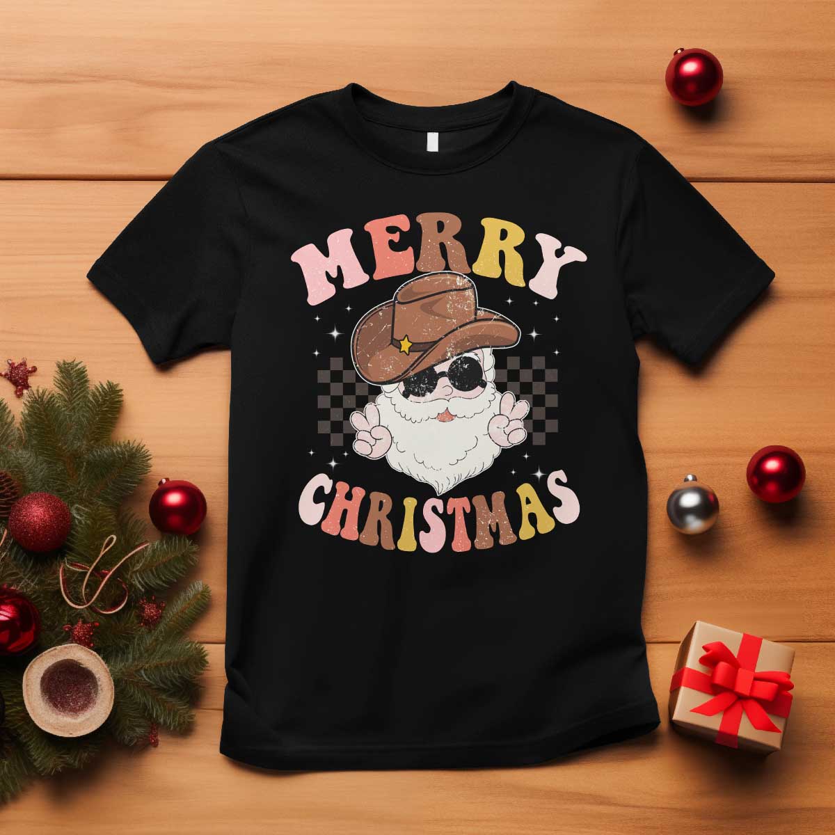 Christmas Cowboy T Shirt Vintage 90s Western Groovy Santa Claus Xmas Vibes - Wonder Print Shop