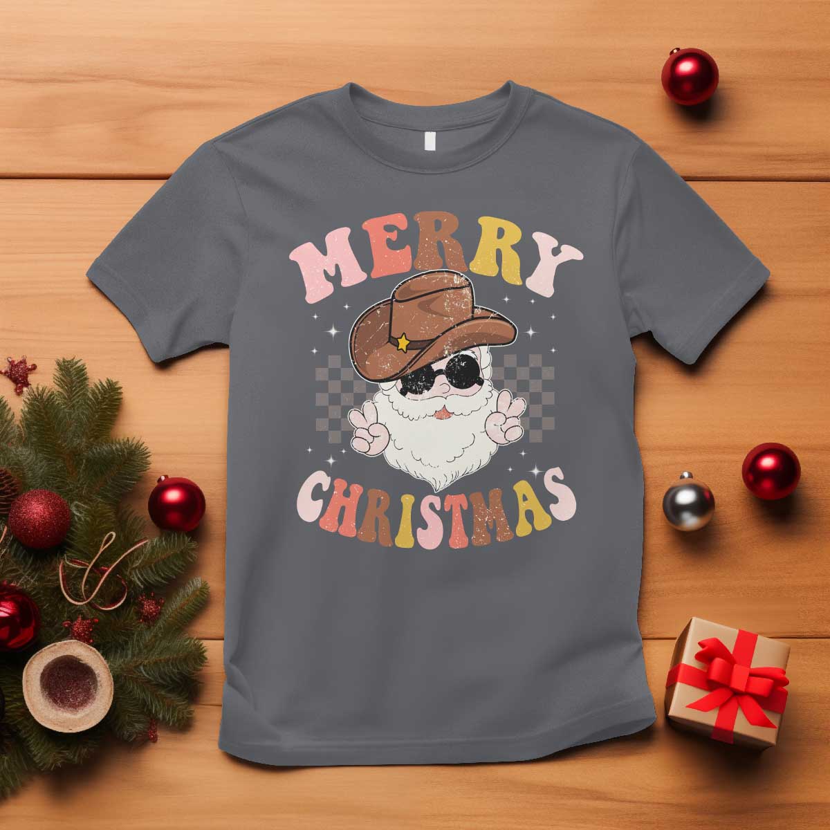 Christmas Cowboy T Shirt Vintage 90s Western Groovy Santa Claus Xmas Vibes - Wonder Print Shop