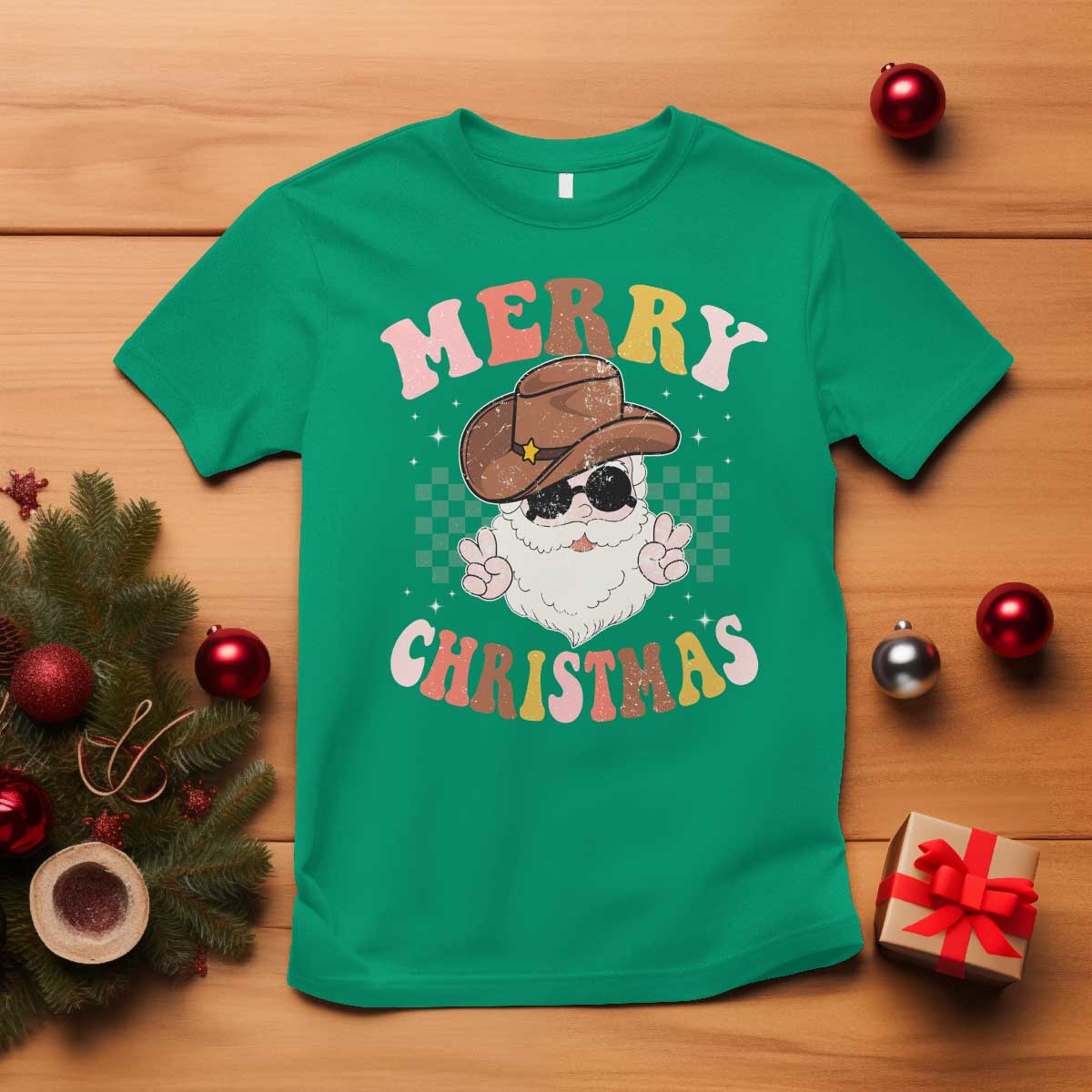 Christmas Cowboy T Shirt Vintage 90s Western Groovy Santa Claus Xmas Vibes - Wonder Print Shop