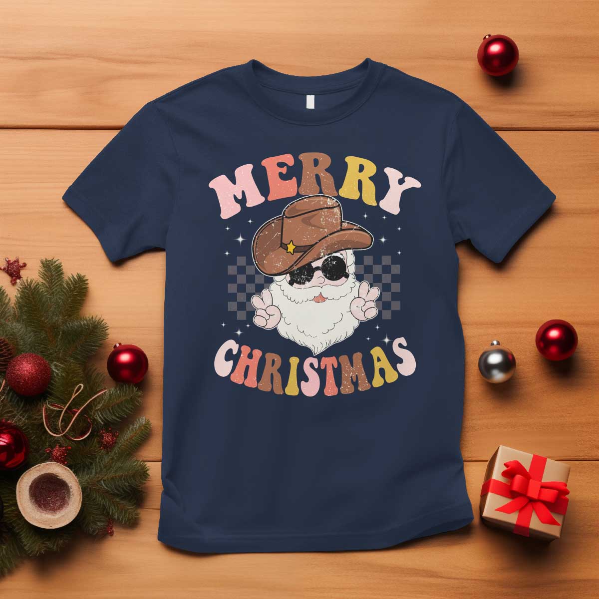 Christmas Cowboy T Shirt Vintage 90s Western Groovy Santa Claus Xmas Vibes - Wonder Print Shop