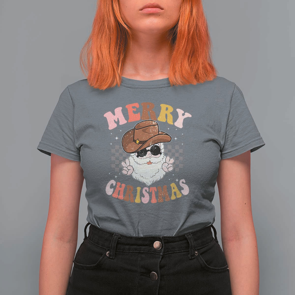 Christmas Cowboy T Shirt For Women Vintage 90s Western Groovy Santa Claus Xmas Vibes - Wonder Print Shop