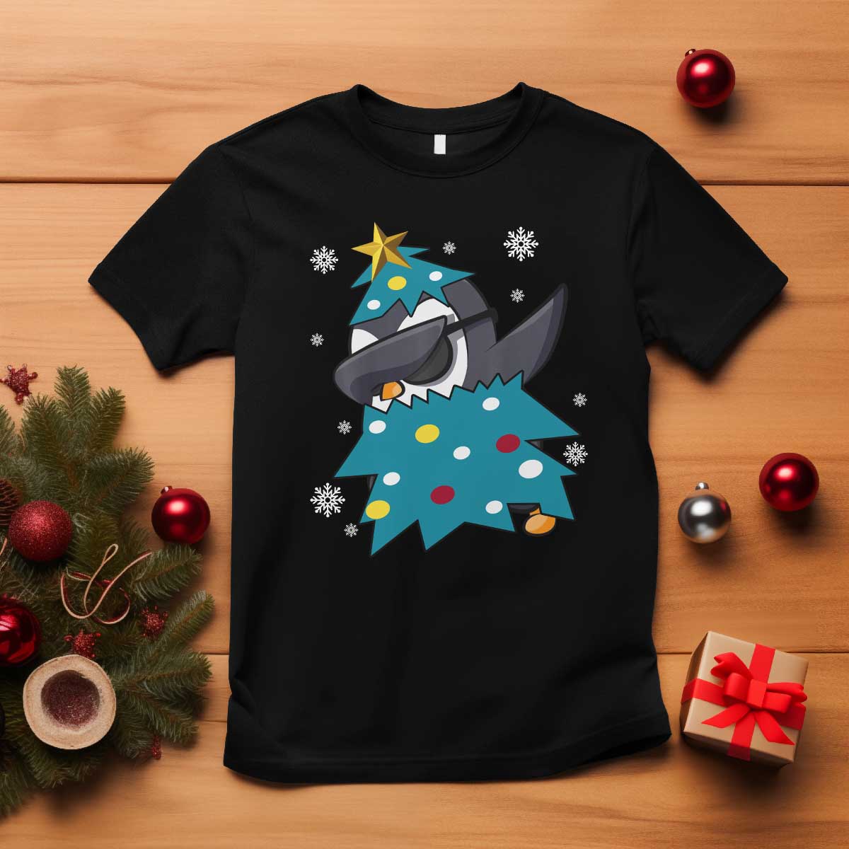 Christmas Penguin T Shirt Funny Animals Xmas Tree Lights Boys Kids - Wonder Print Shop