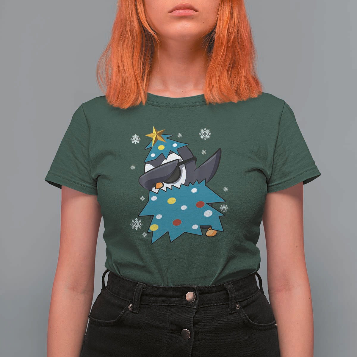 Christmas Penguin T Shirt For Women Funny Animals Xmas Tree Lights Boys Kids - Wonder Print Shop