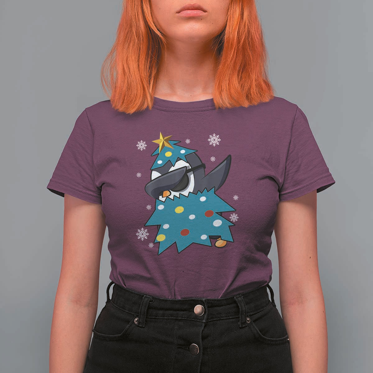 Christmas Penguin T Shirt For Women Funny Animals Xmas Tree Lights Boys Kids - Wonder Print Shop