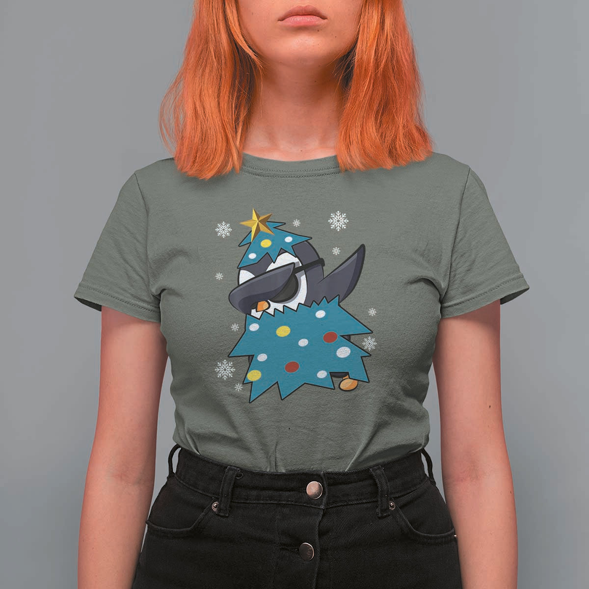 Christmas Penguin T Shirt For Women Funny Animals Xmas Tree Lights Boys Kids - Wonder Print Shop