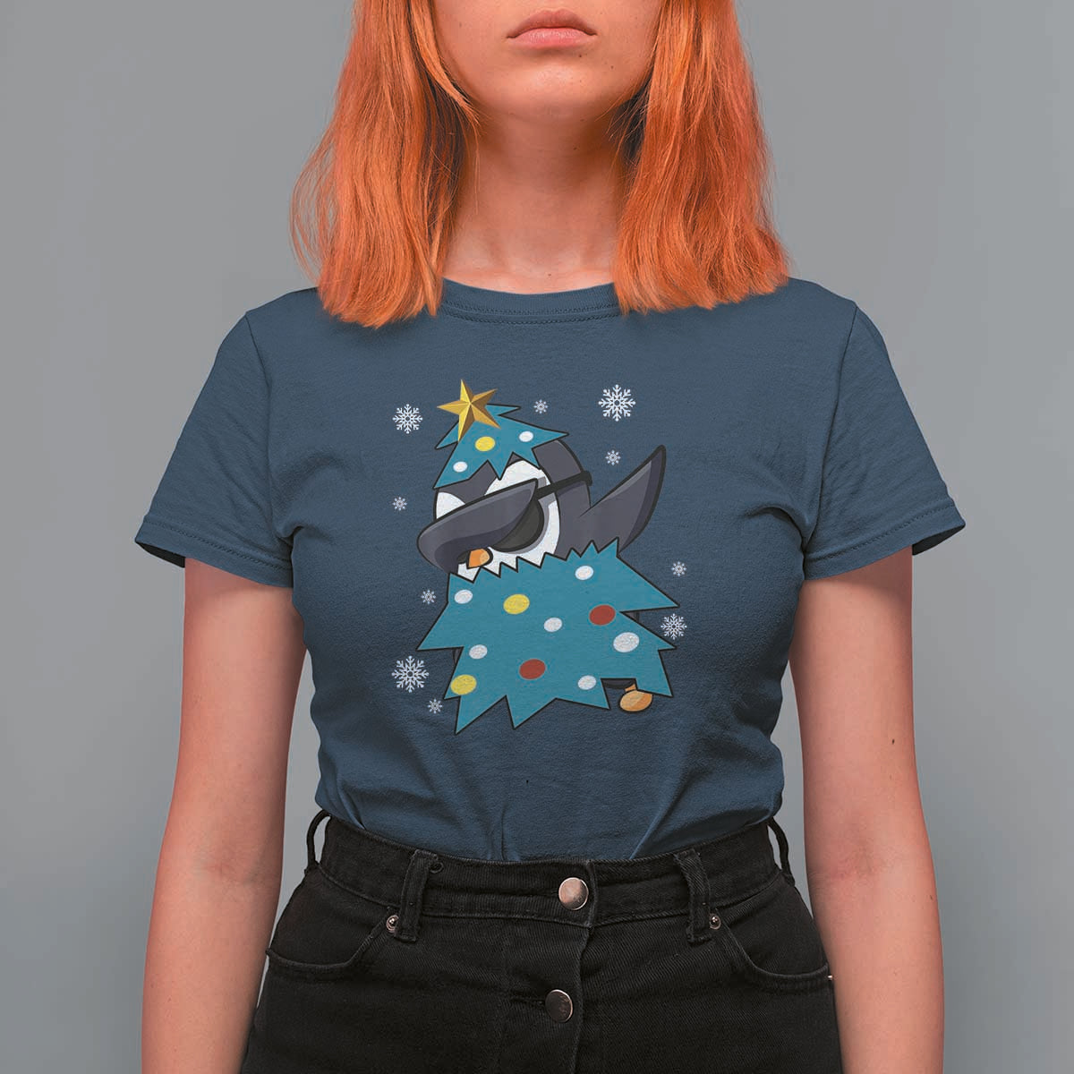 Christmas Penguin T Shirt For Women Funny Animals Xmas Tree Lights Boys Kids - Wonder Print Shop