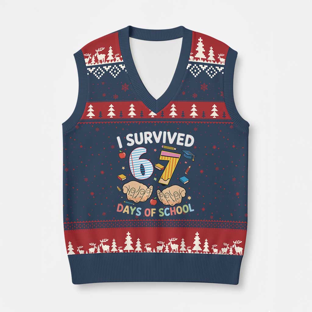 I Survived 67 Days of School Funny Six Seven Meme V-Neck Knit Sweater Vest - Wonder Print Shop