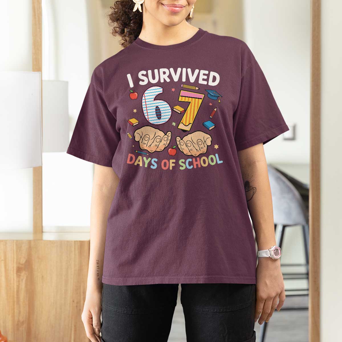 I Survived 67 Days of School Funny Six Seven Meme T Shirt For Women - Wonder Print Shop