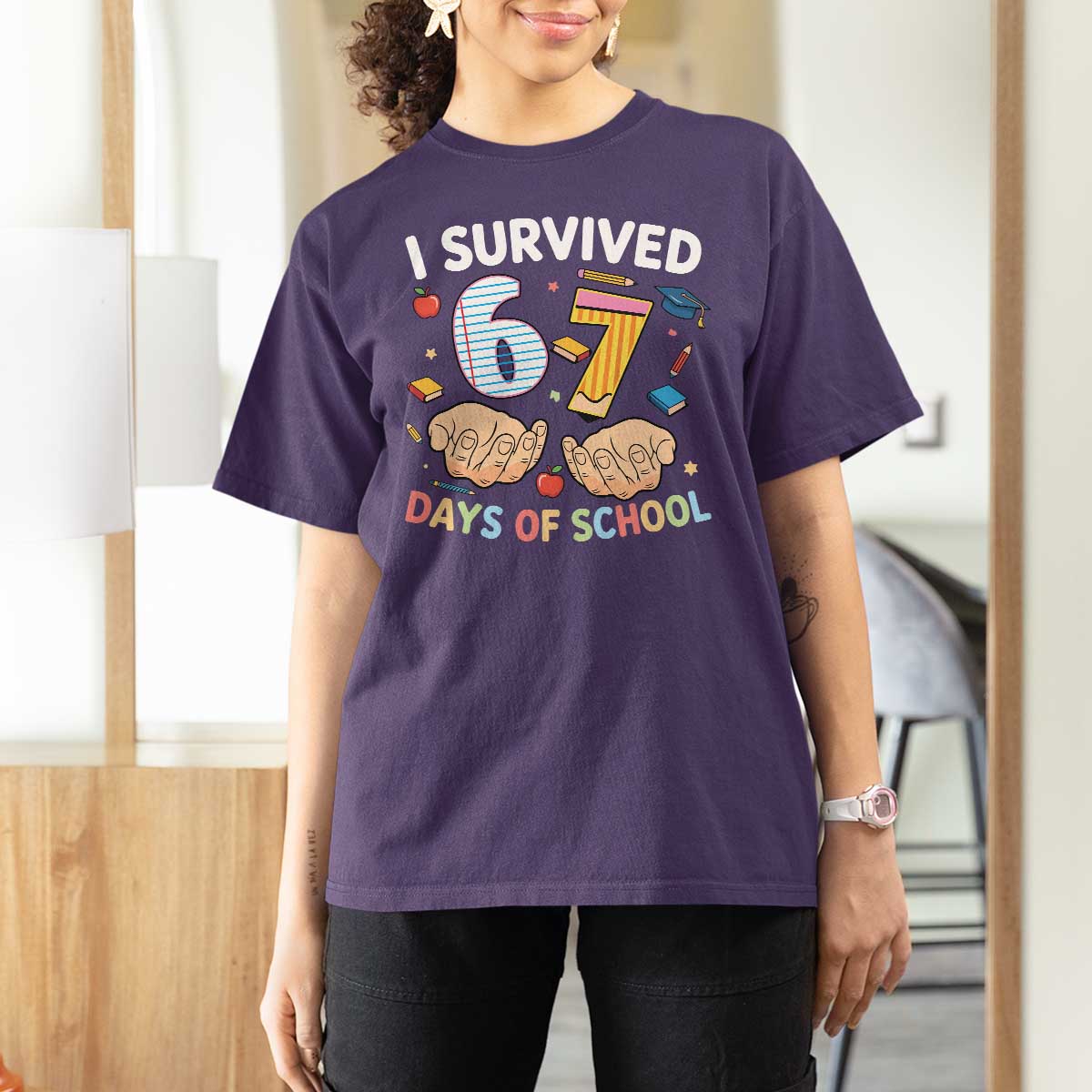 I Survived 67 Days of School Funny Six Seven Meme T Shirt For Women - Wonder Print Shop